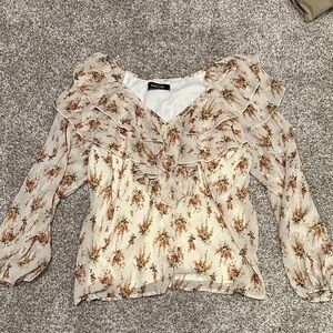 Floral Ruffle Blouse - Cream and Brown